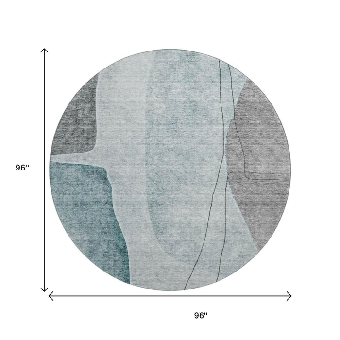 8' Abstract Washable Round Rug With UV Protection (656582) - Teal / Gray / Ivory