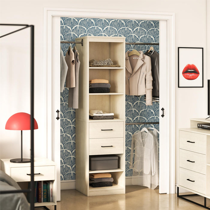 Giga Kelly ivory wardrobe with 5 shelves, 2 drawers, and 3 adjustable hanging rods for organized closet storage.