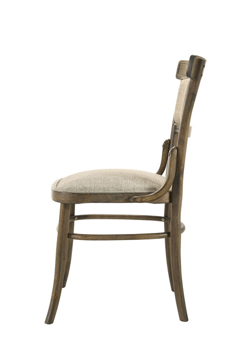 Set of two vintage walnut Giga Bistro wide dining chairs with cushions, showcasing wood frames and comfortable upholstered seats.