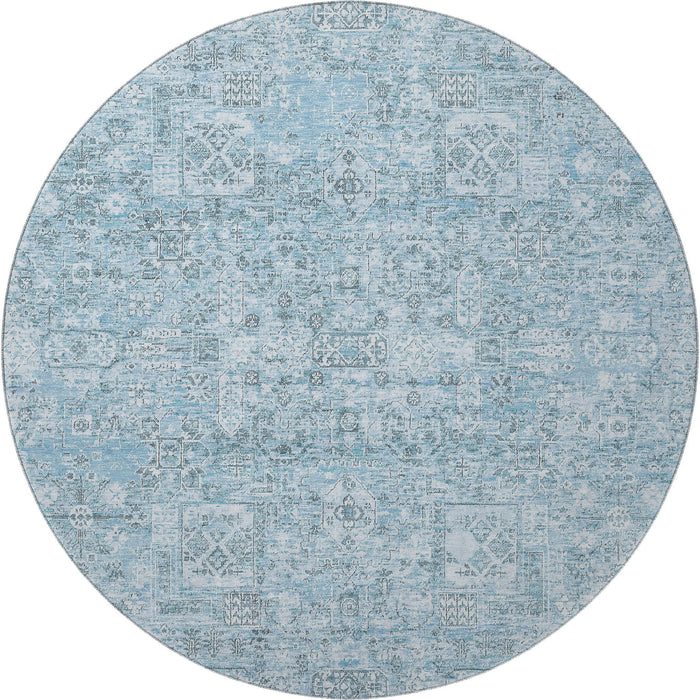 8' Floral Washable Round Rug With UV Protection (651205) - Sky Blue / Ivory