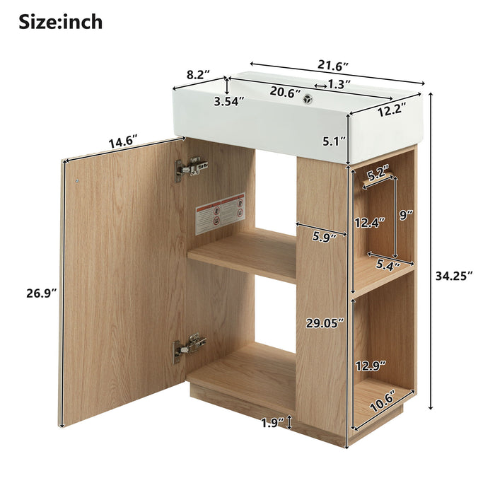 Giga bathroom vanity with sink featuring a freestanding wood grain cabinet and storage drawers in a modern design