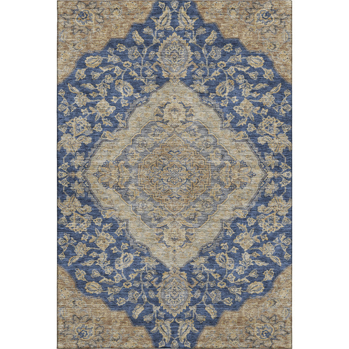10' X 14' Floral Medallion Washable Area Rug With UV Protection (686909) - Navy Blue / Beige / Gray