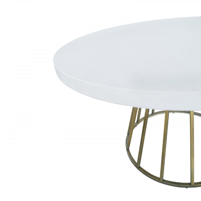 Concrete Pedestal Base Round Top Dining Table - White / Brass