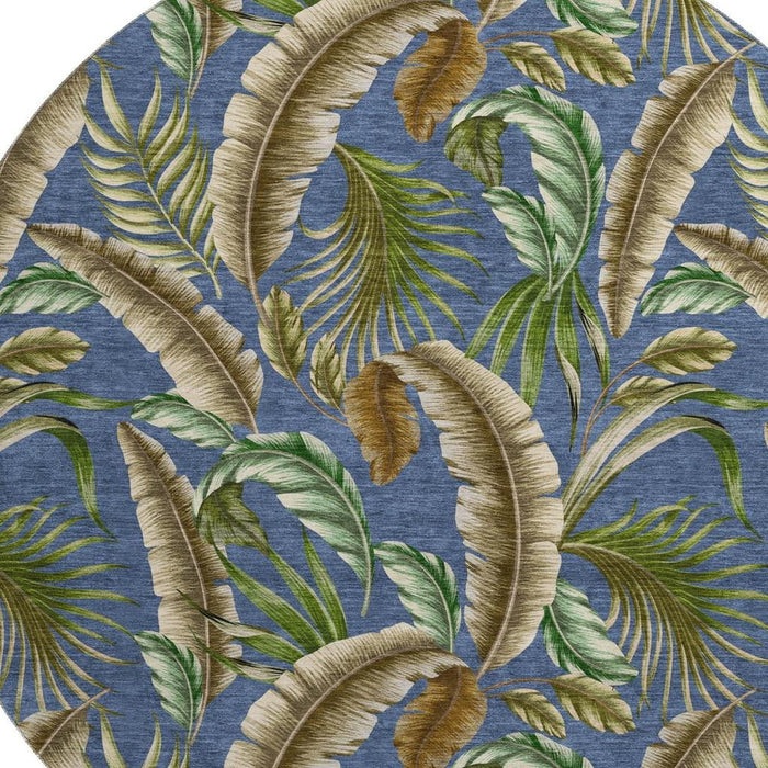 8' Geometric Washable Round Rug With UV Protection - Blue And Brown