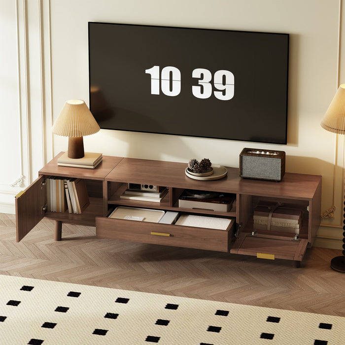 Giga dark brown TV stand for 75-inch TVs with soft closing doors, accents, and drop-down cabinet for modern living rooms.