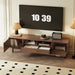 Giga dark brown TV stand for 75-inch TVs with soft closing doors, accents, and drop-down cabinet for modern living rooms.
