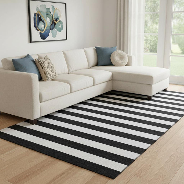 10' X 14' Striped Washable Area Rug With UV Protection (647566) - Black / Ivory