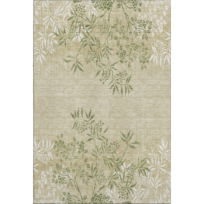 5' X 8' Floral Washable Area Rug With UV Protection (655640) - Khaki / Green / Ivory