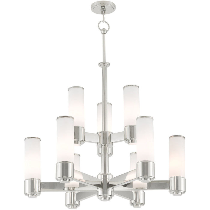 Nine Light Metal Dimmable Chandelier With Shades - Nickel / Opal