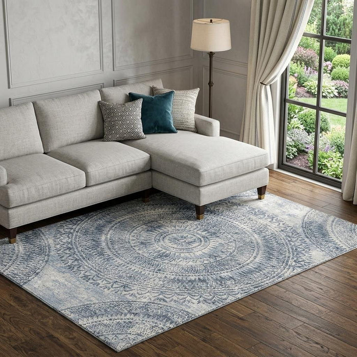 10' X 14' Medallion Washable Area Rug With UV Protection (644910) - Blue / Ivory