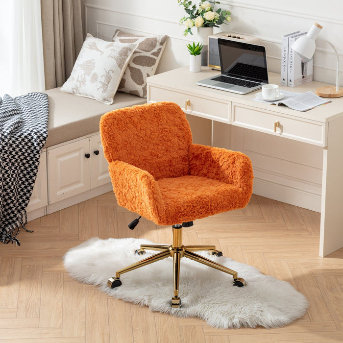 Giga swivel office chair with artificial rabbit hair upholstery, metal base, adjustable height, and 360-degree swivel for home or vanity use.
