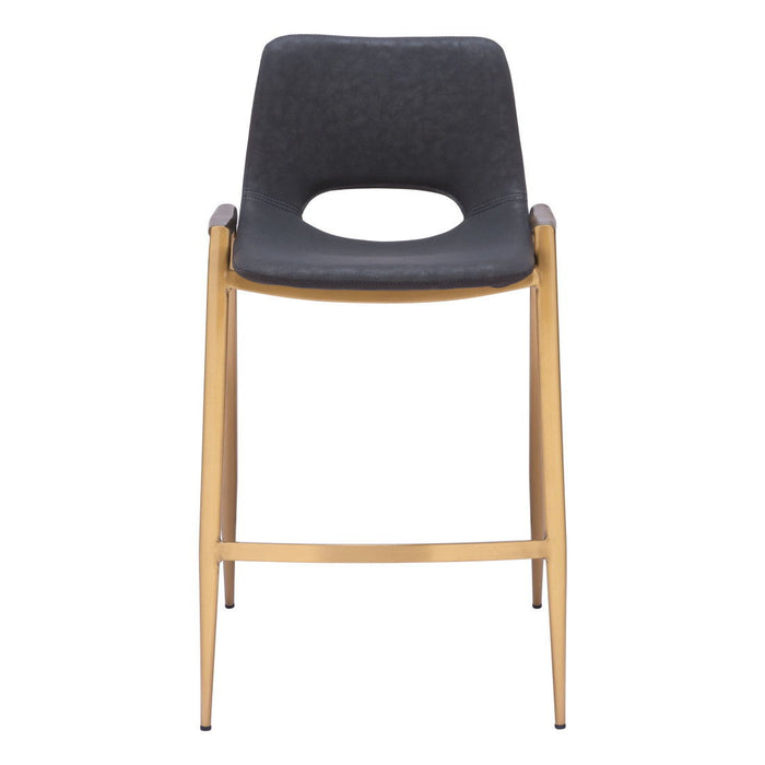 Set of two 26-inch black faux leather and steel low back counter height bar chairs with gold accents by HomeRoots.