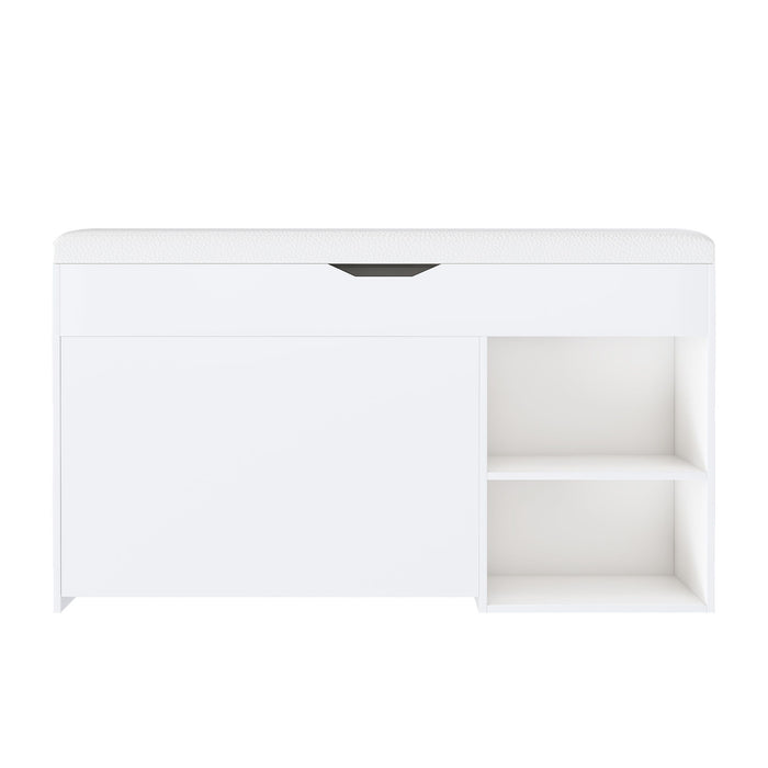 White Giga modern entryway storage bench with adjustable flip-up drawers and a hidden cabinet for organized seating.