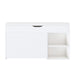 White Giga modern entryway storage bench with adjustable flip-up drawers and a hidden cabinet for organized seating.