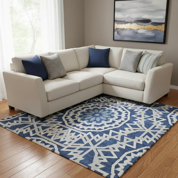 10' X 14' Geometric Washable Area Rug With UV Protection (652263) - Navy Blue / Ivory