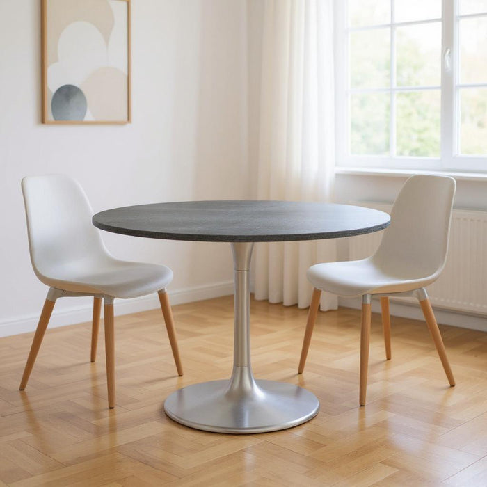 48" Marble And Aluminum Pedestal Base Round Top Dining Room Table - Silver