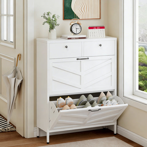 Giga shoe cabinet with flip drawers featuring multiple compartments for organized shoe storage and a sleek modern design.