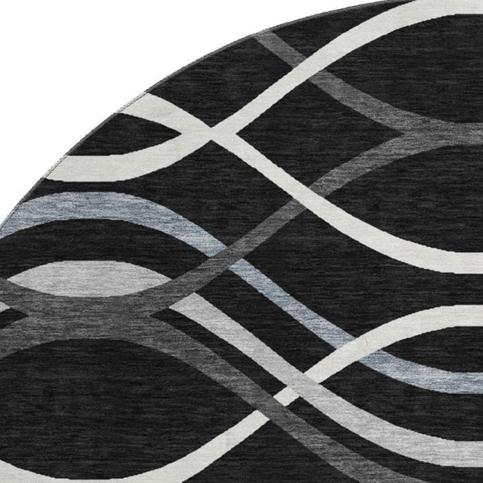 8' Transitional Abstract Washable Polyester Round Rug With UV Protection - Black / Gray
