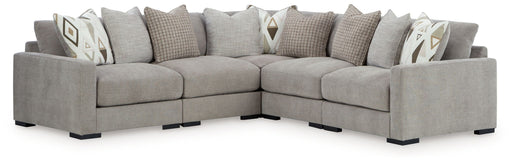Benchcraft® Aslan Court 5-piece sectional in pebble fabric, showing the stylish stationary sectional with plush cushions and modern design.
