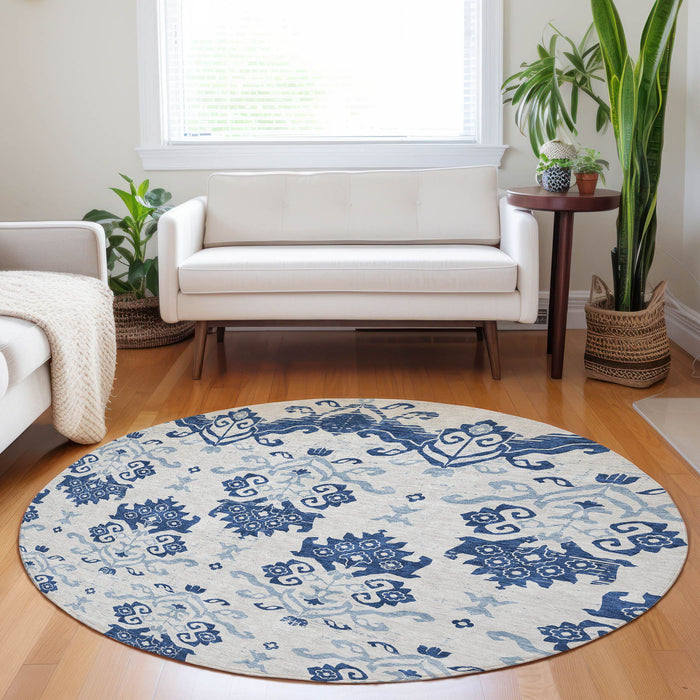 8' Medallion Washable Round Rug With UV Protection - Navy Blue And Ivory