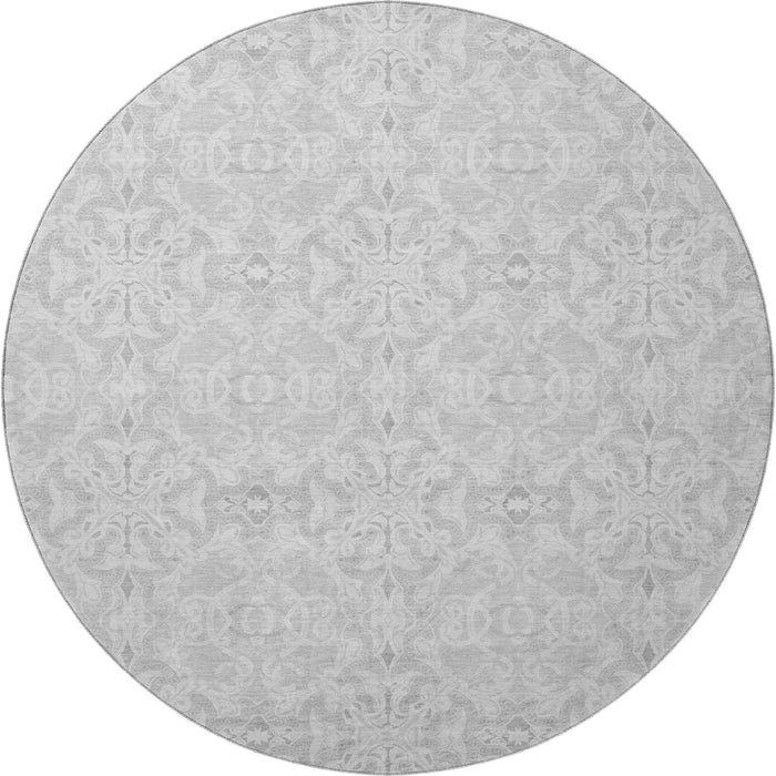 8' Medallion Washable Round Rug Polyester With UV Protection - Silver And Gray