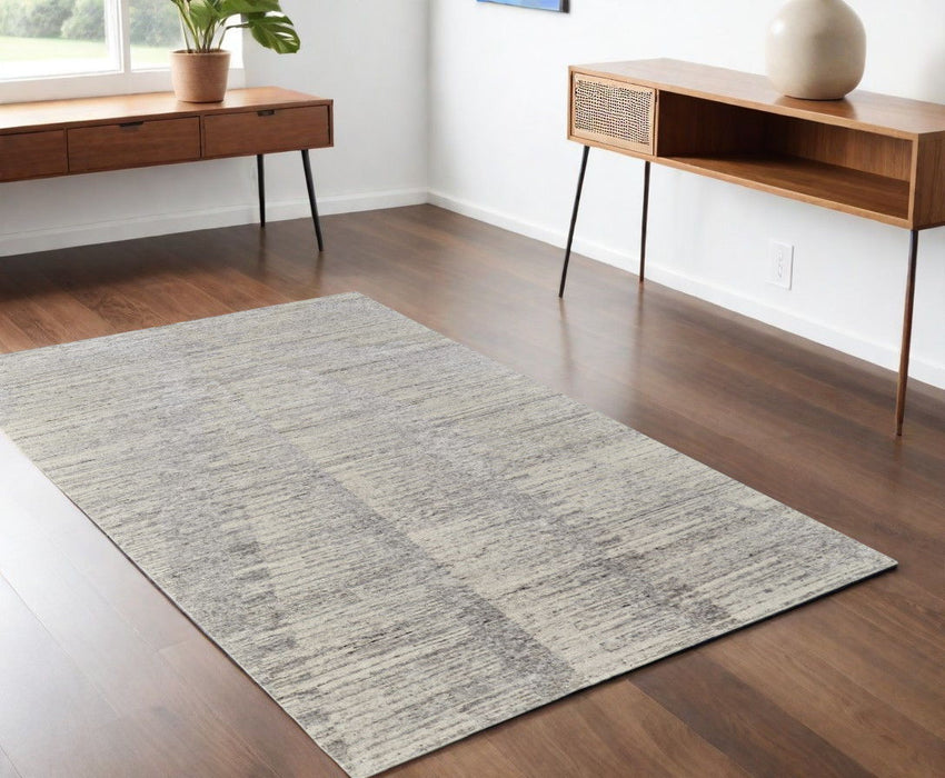 4' x 6' Abstract Hand Knotted Worn Faded Area Rug - Ivory And Gray