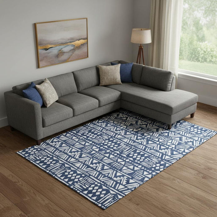 10' X 14' Southwestern Washable Area Rug With UV Protection (672128) - Navy Blue / Ivory