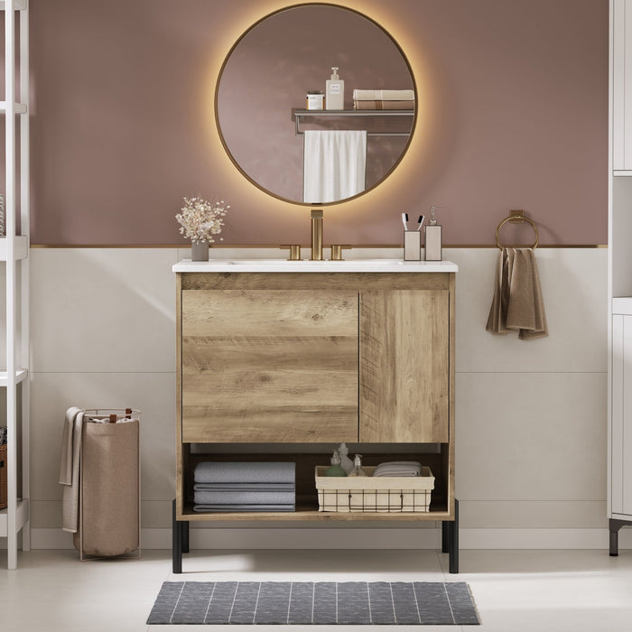 Giga bathroom vanity cabinet with sink, sliding drawer, soft closing door, open shelf, made of natural wood.