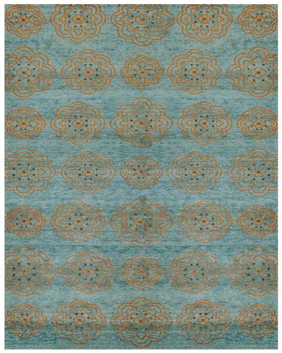 6' x 9' Floral Hand Knotted Worn Faded Area Rug - Green Blue And Taupe