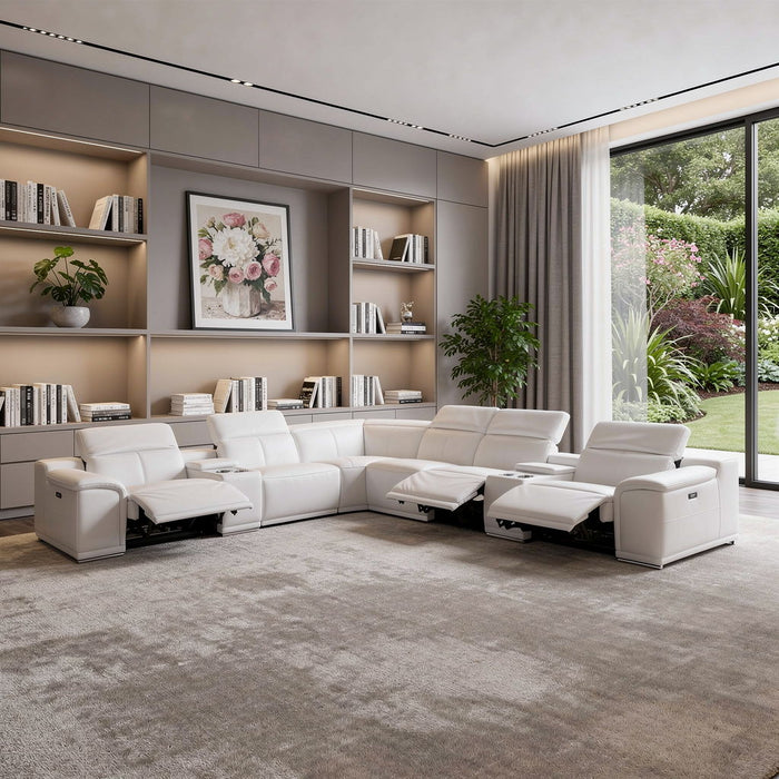 Italian Leather Power Reclining Eight Piece Corner Sectional With Console - White