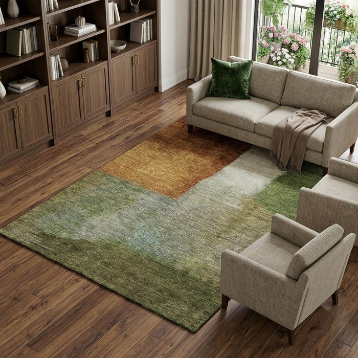 10' X 14' Abstract Washable Area Rug With UV Protection (684286) - Green / Ivory / Brown