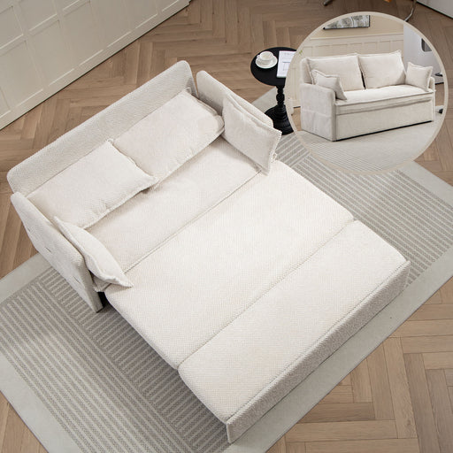 Giga pull out sofa bed with convertible sleeper design, side storage, and USB-C charging ports in a modern living room setting.