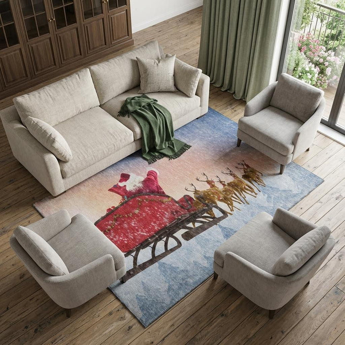 10' X 14' Christmas Santa Claus Distressed Washable Area Rug With UV Protection (646409) - Blue / Red / Brown