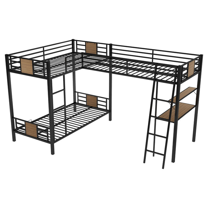 Giga brown L-shaped twin over twin bunk bed with a twin size loft, desk, and shelf for kids' bedroom.