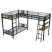 Giga brown L-shaped twin over twin bunk bed with a twin size loft, desk, and shelf for kids' bedroom.