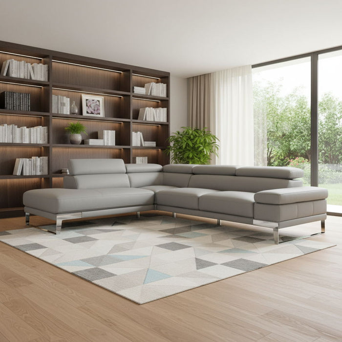 Top Grain Leather L Shaped Two Piece Sofa Chaise Sectional - Gray