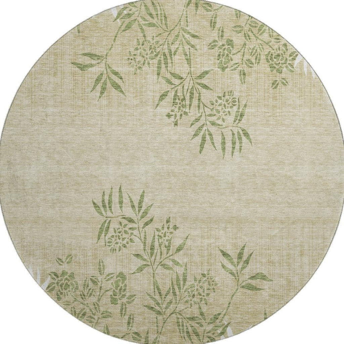 8' Floral Washable Round Rug With UV Protection (655641) - Khaki / Green / Ivory