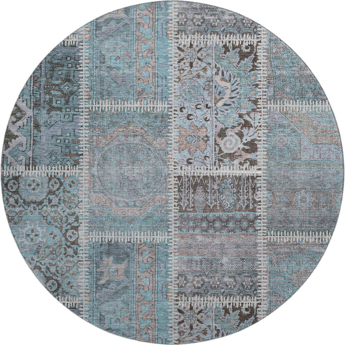 8' Patchwork Washable Round Rug With UV Protection (653257) - Teal / Beige