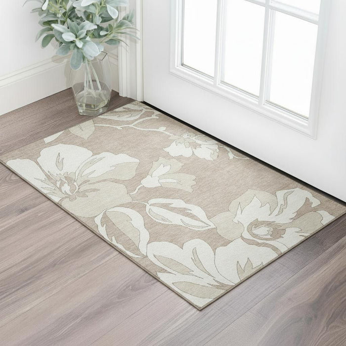 3' X 5' Floral Washable Area Rug With UV Protection (668012) - Taupe / Ivory