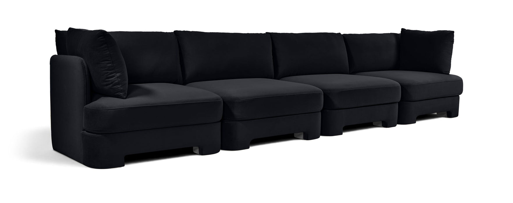 Meridian Furniture velvet upholstered 4-piece stationary sectional sofa with plush cushions and modern design.