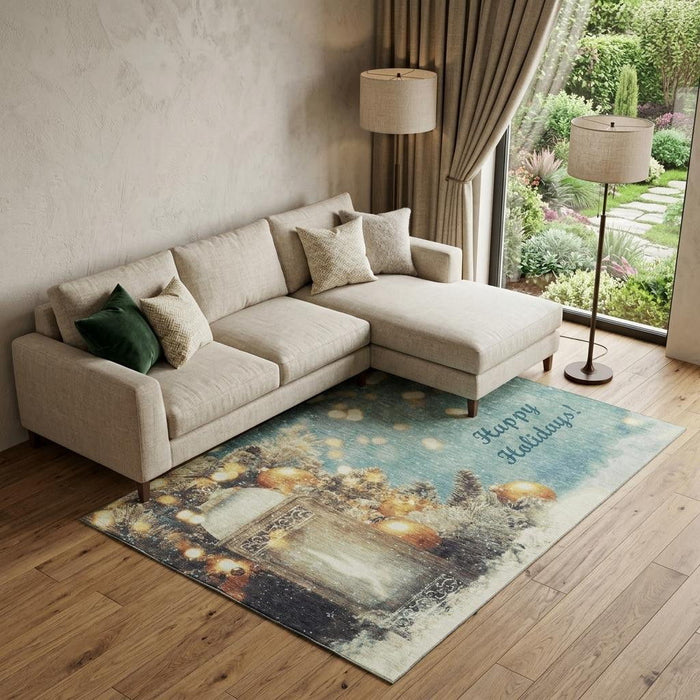 10' X 14' Christmas Distressed Washable Area Rug With UV Protection (646421) - Blue / Gold / Ivory