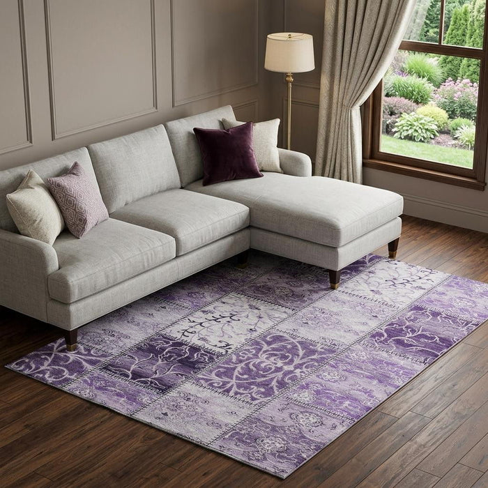 8' X 10' Patchwork Distressed Washable Area Rug With UV Protection (649580) - Purple / Ivory