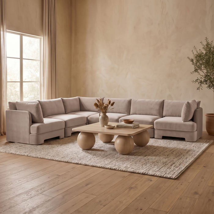 Velvet performance fabric Meridian Furniture 7-piece U-shaped armless sectional sofa, stationary design, in a modern living room setting.