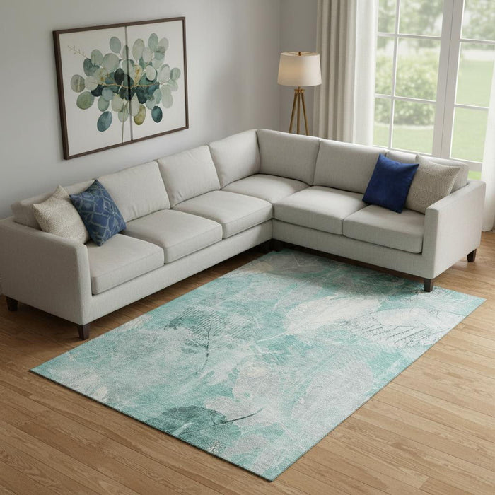 10' X 14' Floral Washable Area Rug With UV Protection (705755) - Teal / Ivory