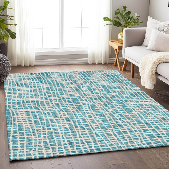 10' X 14' Striped Washable Area Rug With UV Protection - Teal / Ivory