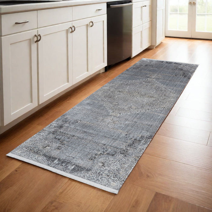 10' x 2.7' Abstract Power Loom Worn Faded Runner Rug - Gray And Silver