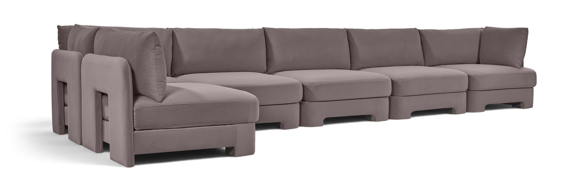 Meridian Furniture Hammond velvet performance fabric 6-piece L-shaped armless sectional sofa with plush cushions in a modern stationary design.
