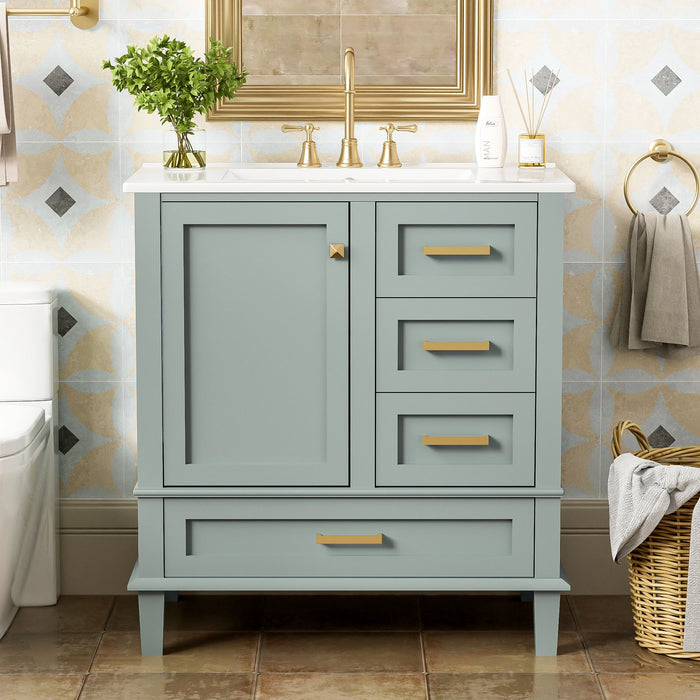 Modern Giga bathroom vanity with sink, solid wood frame, soft-closing door, and three drawers for stylish bathroom storage.