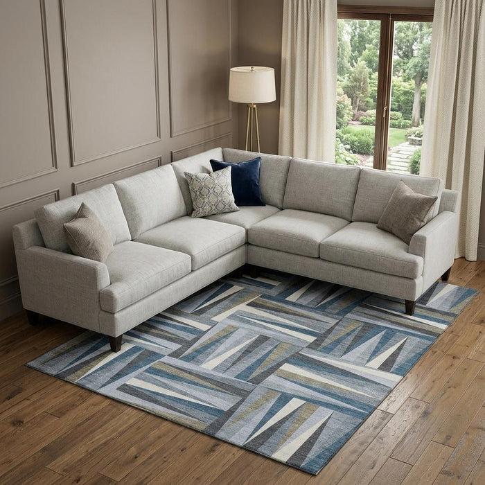 10' X 14' Geometric Washable Area Rug With UV Protection (679414) - Denim Blue / Ivory / Taupe
