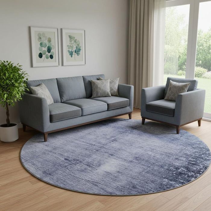 8' Abstract Washable Round Rug With UV Protection (651115) - Navy Blue / Ivory